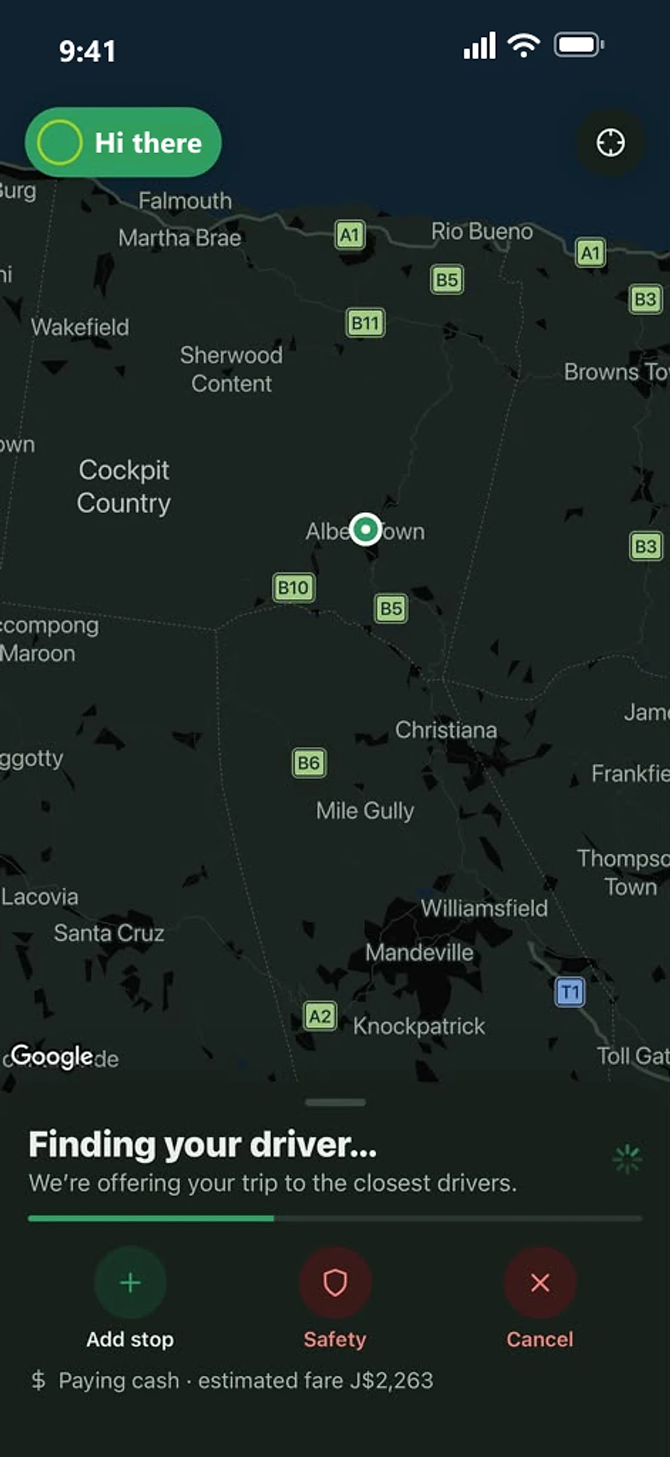The Ridelivo rider app: a map of Trelawny with the pickup in Albert Town and a “Finding your driver…” card with the estimated cash fare