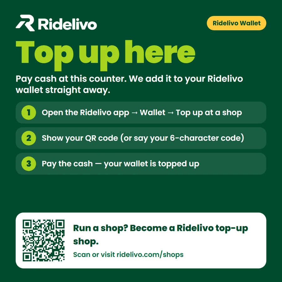 The Ridelivo “Top up here” counter card: pay cash at this counter, open Wallet, show your QR code, pay the cash. A QR code links shop owners to ridelivo.com/shops