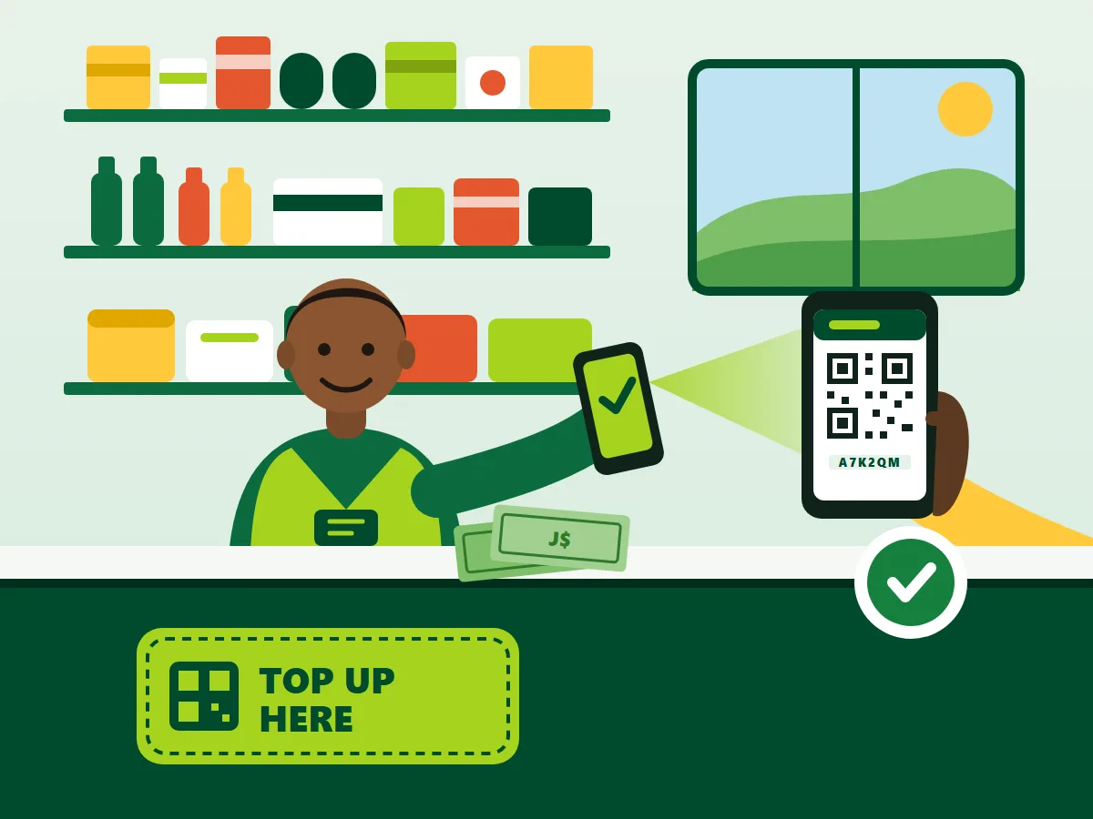 Illustration: a shopkeeper scans the QR code on a rider’s phone at a shop counter with a “Top up here” sign and cash on the counter